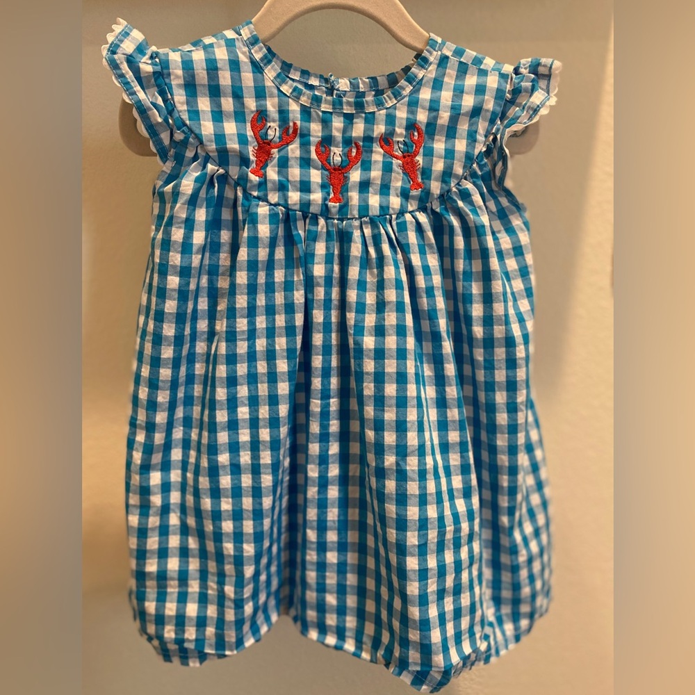 Baby girls blue gingham lobster dress